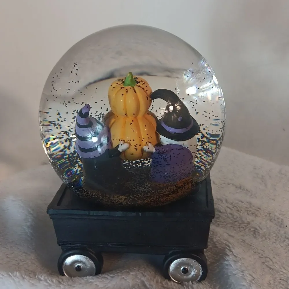 Halloween Snow Globe with Gnomes and Pumpkin